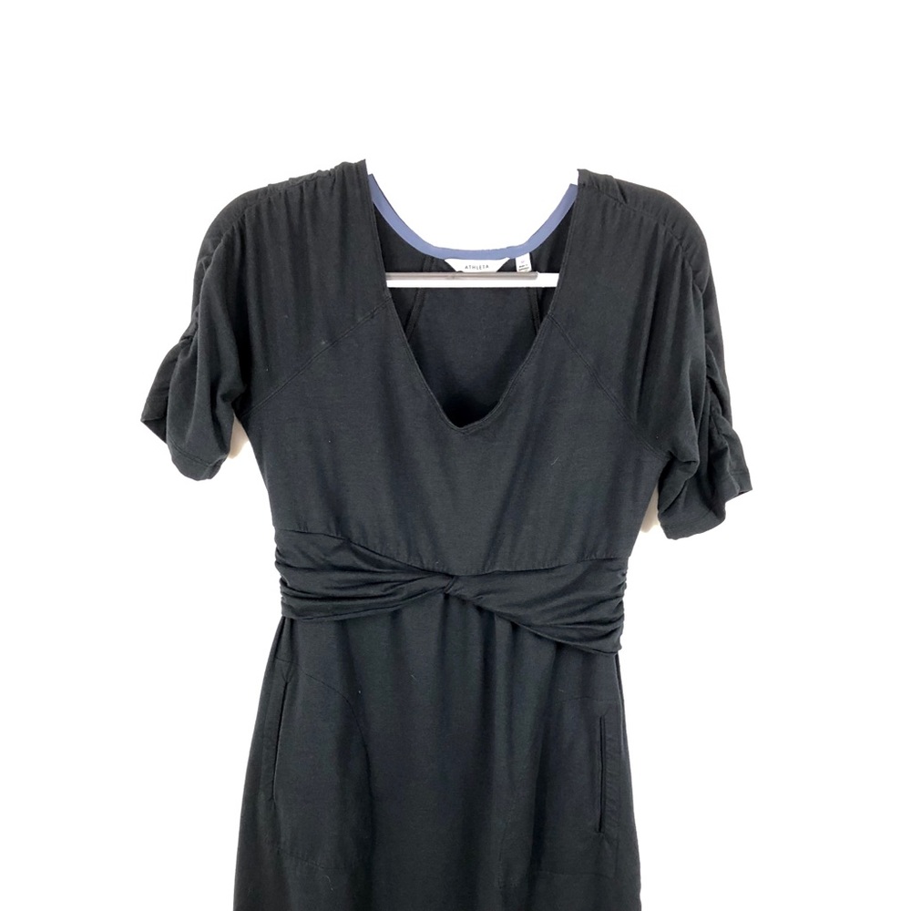 Athleta Black Dress 3/4 ruched sleeve twist waist